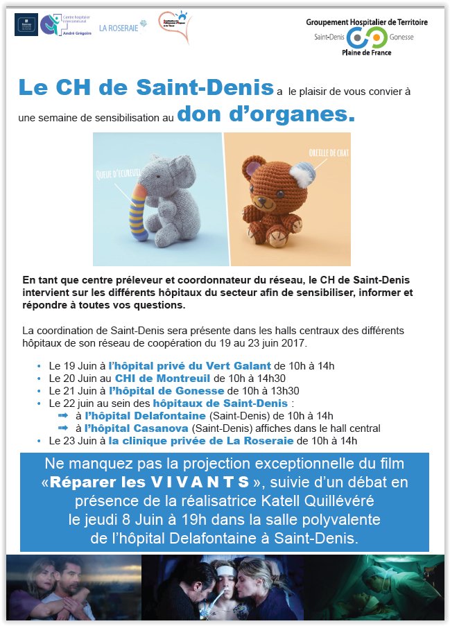 CH_StDenis's tweet photo. Du 19 au 23 juin, le @CH_StDenis sensibilise au don d'organe sur l'ensemble des hôpitaux de son réseau de coopération #GHT @Ch_Gonesse https://t.co/vAkV5xTCsV