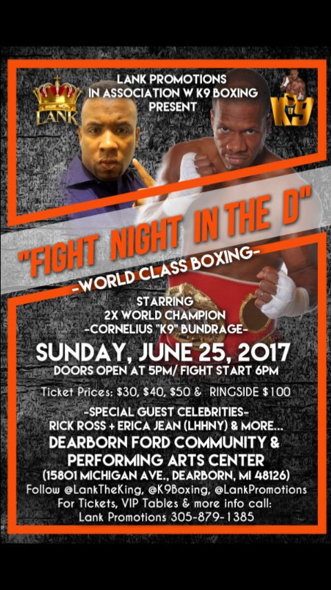 TheKingLilLank's tweet photo. DETRIOT @LankPromotions K9 Boxing  presents "FIGHT NIGHT IN THE D" @LANKTHEKING &amp; starring 2x World Champ @K9boxing https://t.co/DS9KrkvxxB