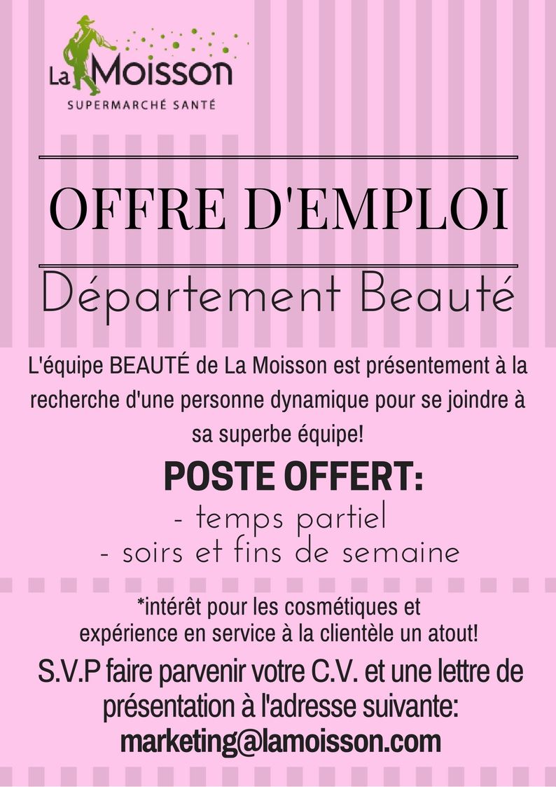 MoissonSante's tweet photo. On cherche une personne pour se joindre à notre équipe BEAUTÉ! #emploi #beauténaturelle https://t.co/5Nbcqs5I0y