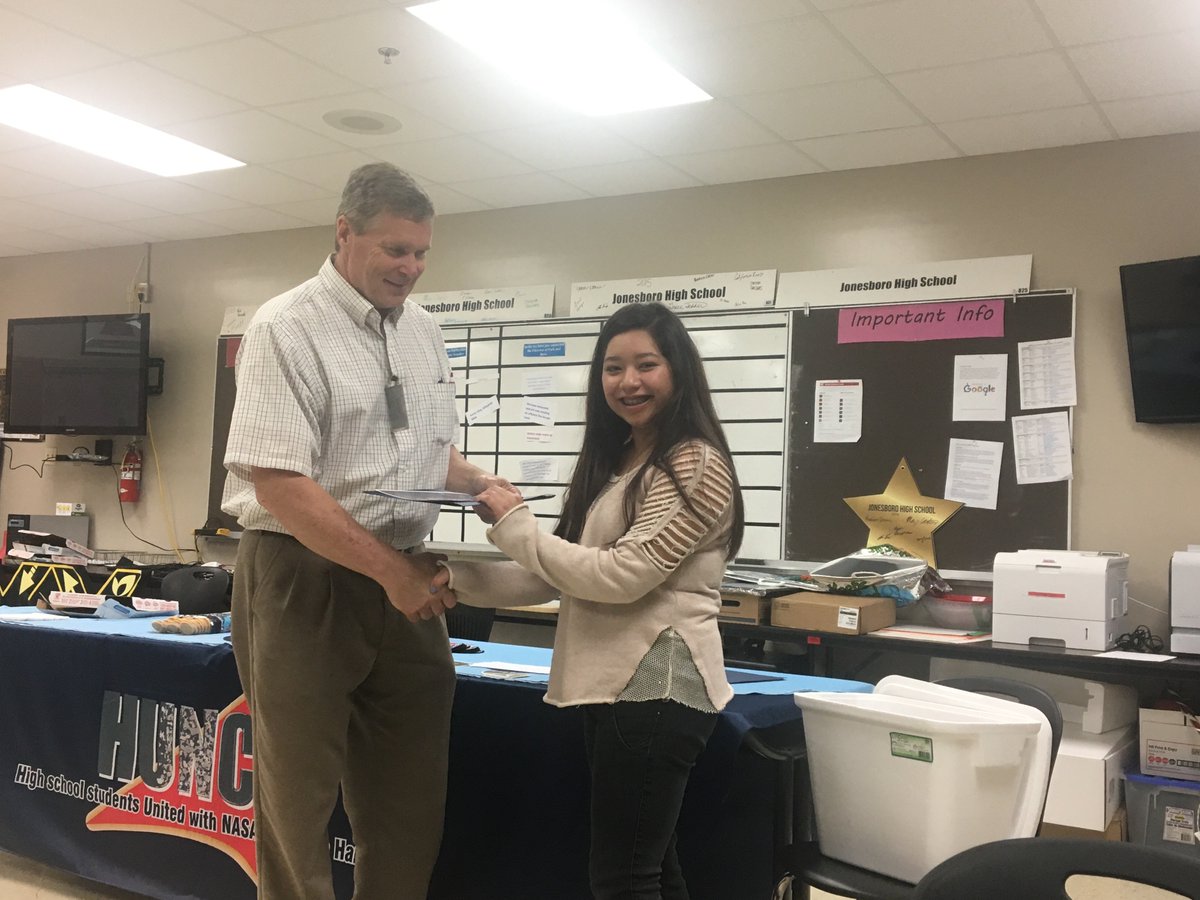 JonesboroEAST's tweet photo. Maria and Brooks getting recognized for their awesome work on the HUNCH video!!! #jhseast #nasa #hunchprogram https://t.co/mrdmGXCD0i