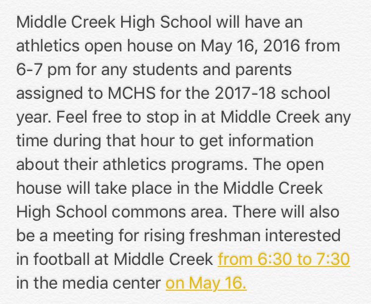 MiddleCreekAD's tweet photo. Reminder of MCHS Athletics Open House tomorrow for all rising freshman coming to Middle Creek in 2017-18! https://t.co/arIkDgPejQ
