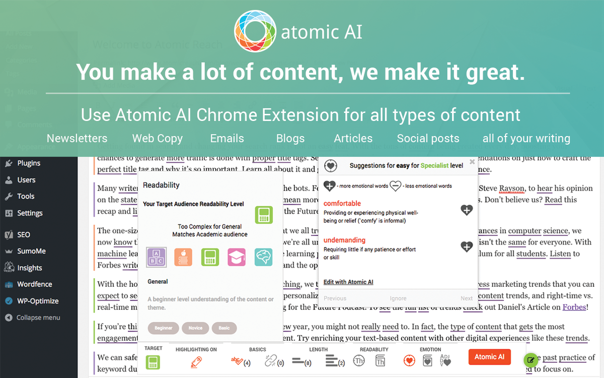 Atomic_Reach's tweet photo. We've got an extension that will help you edit for your #targetaudience! https://t.co/rbudVhqAX2 Get Atomic AI for #ChromeBrowser! https://t.co/WBOkXtnj86