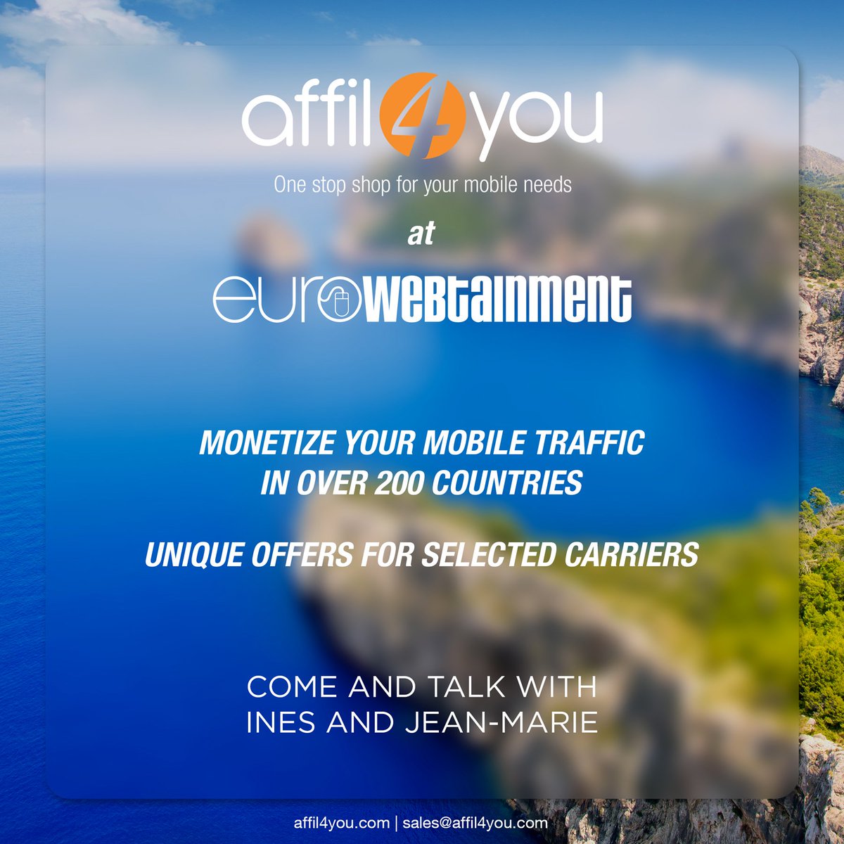 Let's meet in Mallorca to discuss #mobile #monetization.
Schedule a meeting with us TODAY!
#mobileaffiliates #EWT
goo.gl/YjAoeM