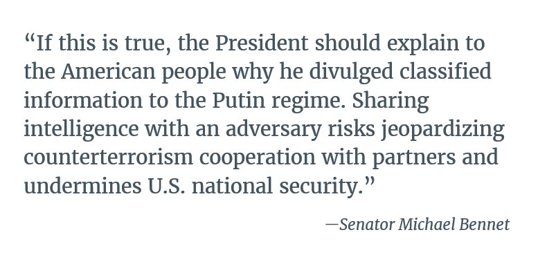 SenatorBennet's tweet image. If the @washingtonpost report is true, the President should explain why he divulged classified information to the Putin regime.