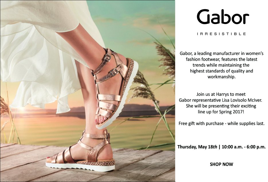 Harrysshoes's tweet photo. Join us at Harrys to meet 
Gabor representative Lisa.  
She will be presenting their exciting 
line up for Spring 2017! 
May 18th, 10 - 6. https://t.co/lu8TWBBzay