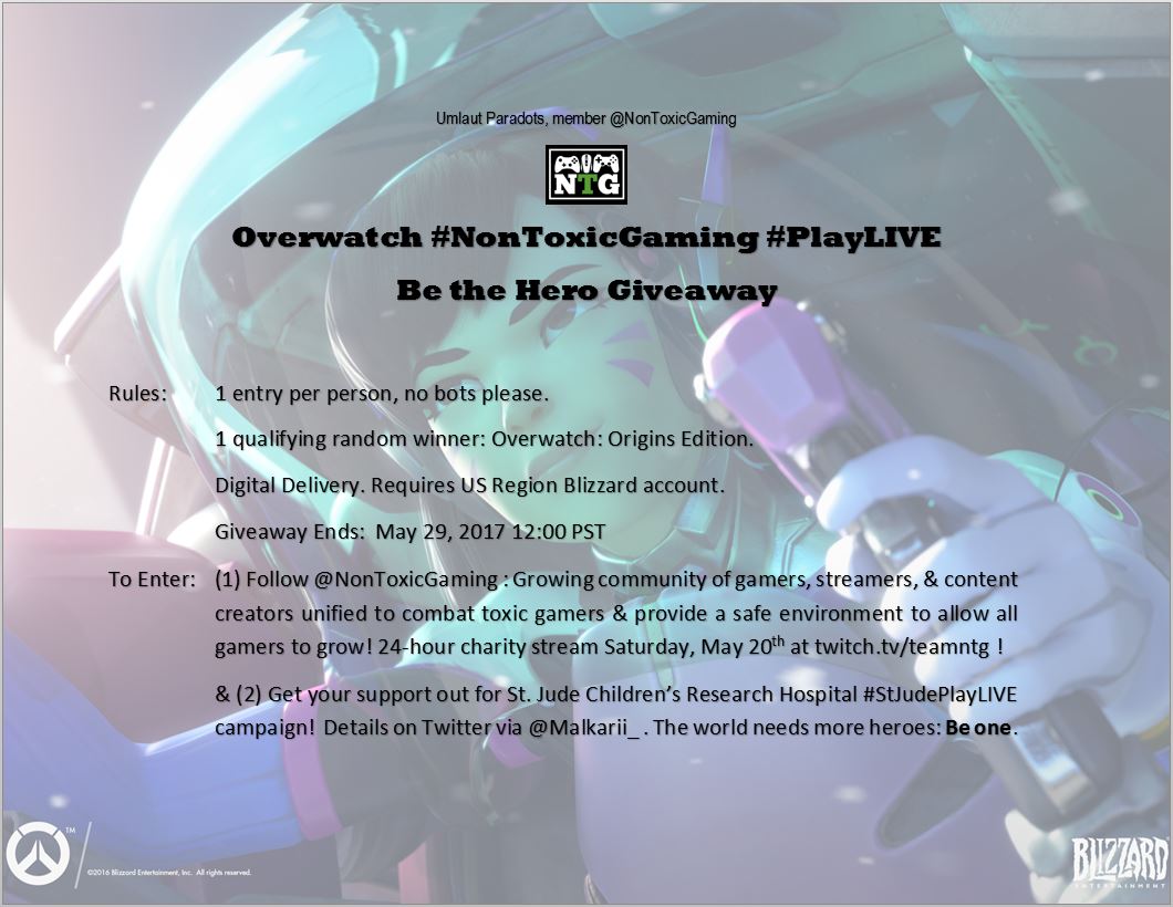 mogsaddiction's tweet photo. Be the Hero Giveaway! Follow @NonToxicGaming, RT, &amp; show your #StJudePlayLIVE support for @PlayOverwatch: Origins Edition! :p #Overwatch https://t.co/YVSxXufDy4
