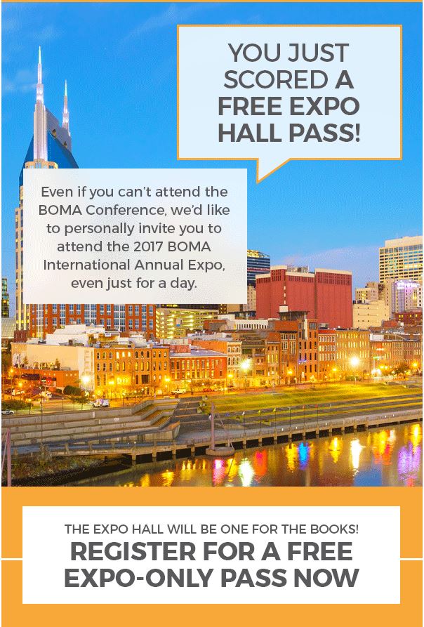 BOMAConference's tweet image. You&apos;re invited to attend @BOMAIntl&apos;s Expo Hall at #BOMA2017. Here’s how: bit.ly/2pFLFgG #CRE