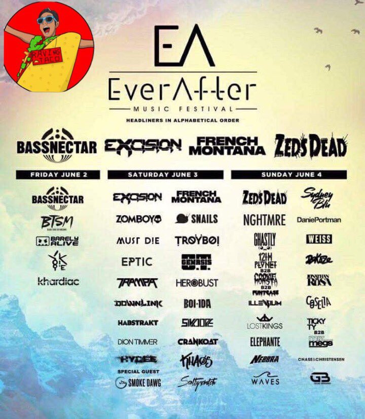 Dirtyhappymusic's tweet photo. 🚨TICKET GIVEAWAY TO  EverAfter Festival 🚨

To enter:
➡️RT this Tweet
⬇️Follow
@TacoRavingtaco  

•must be following to win•
🤙🏽🌮GOODLUCK 🌮🤙🏽 https://t.co/lMgXWuav3i