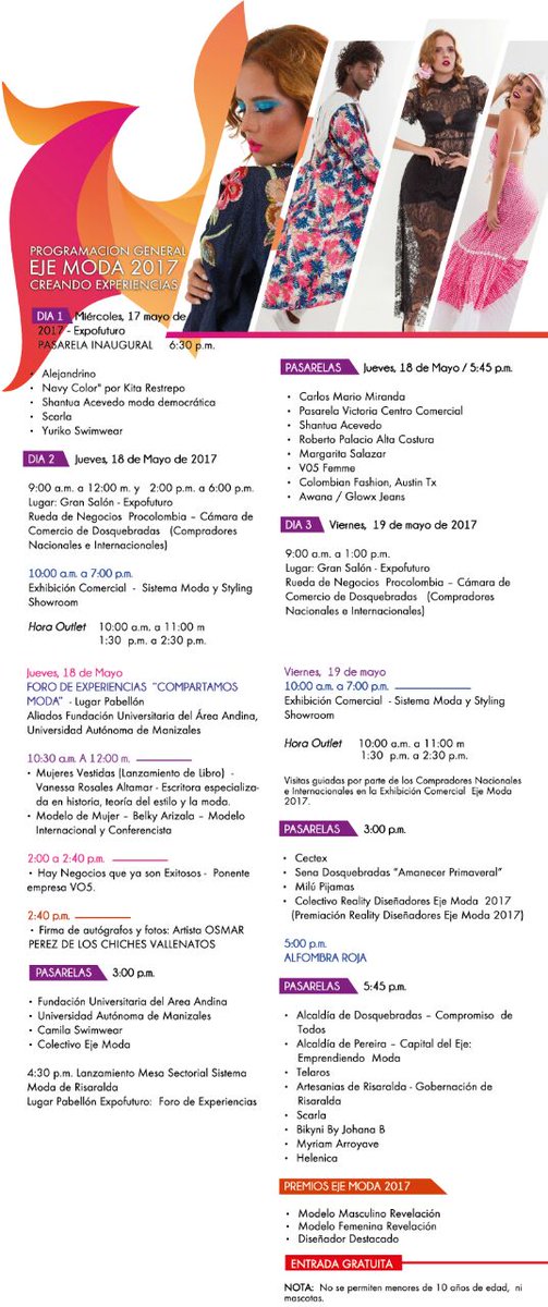eje_moda's tweet photo. Prográmate esta semana con #ejemoda2017 Te dejamos nuestra programación del 17, 18 y 19 de mayo #Expofuturo RECUERDA LA ENTRADA ES GRATUITA https://t.co/ZFg05Bm5TR
