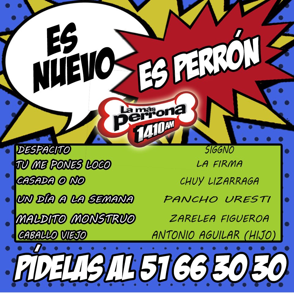 #EsNuevoEsPerron Pide tu favorita <a href="/Siggno/">SIGGNO</a>  <a href="/LaFirmaOficial/">La Firma</a> <a href="/yochuylizarraga/">Chuy Lizarraga</a> <a href="/panchouresti/">panchourestioficial</a> <a href="/Zarefigueroa/">Zarelea Figueroa O.</a> <a href="/Remex_Music/">Remex Music Oficial</a> <a href="/MaryAyala_Music/">Mary Ayala</a>