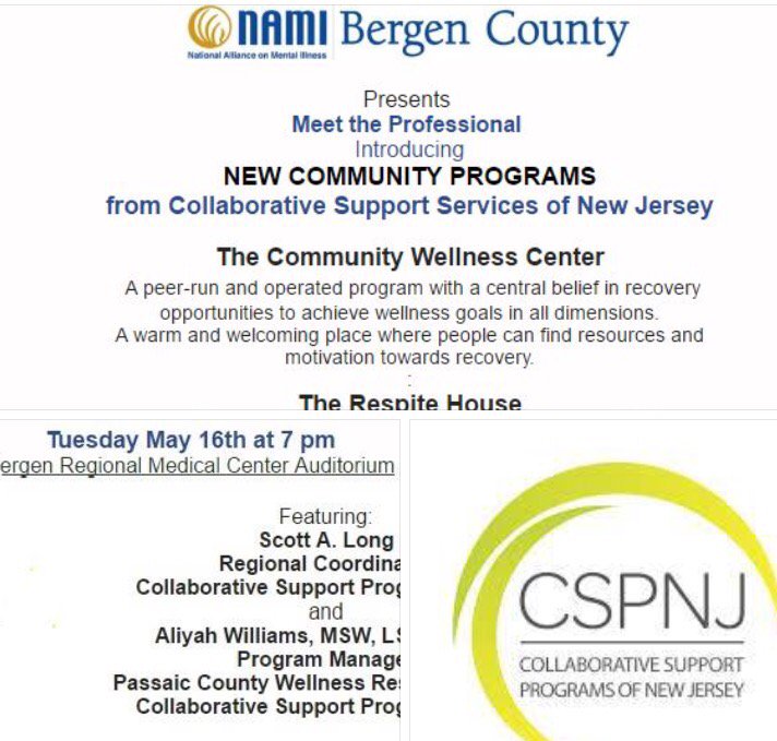 NAMIBergen's tweet photo. Hear about NEW Community Wellness Prg &amp; The Respite Prg from @CSPNewJersey Tom May 16,7pm @BergenRegMdCtr #recovery https://t.co/4Ylqo6gIJV