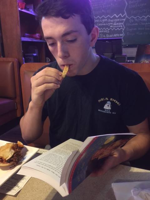 DadzBar's tweet image. Sam is addicted to french fries and Dadz Book Club!!! Hemingway is the summer author!