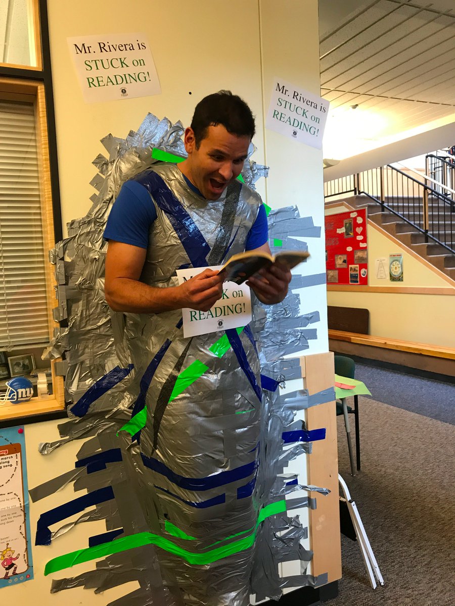 alysesclamado's tweet photo. Mr. Rivera is Stuck on Reading! Thanks to kids who read over spring break! @riverajv1978 @SSDEDU @SilverthorneCO #greatreadalouds https://t.co/bxXlhqXkHA