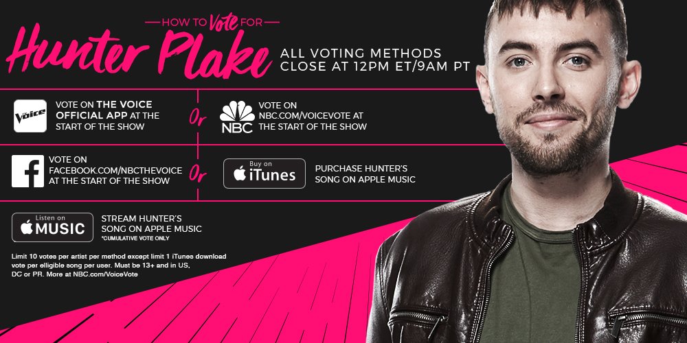 NBCTheVoice's tweet photo. RT if you’re giving your VOTES away to @hunterplake because he deserves a spot in the finale. #VoiceTop8 https://t.co/JCedxA2oDn