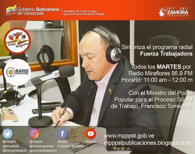 Todos los martes #FuerzaTrabajadora espacio de la #ClaseObreraConstituyente con el Min. .@torrealbaf por @MirafloresFM @MPPPST @TareckPSUV