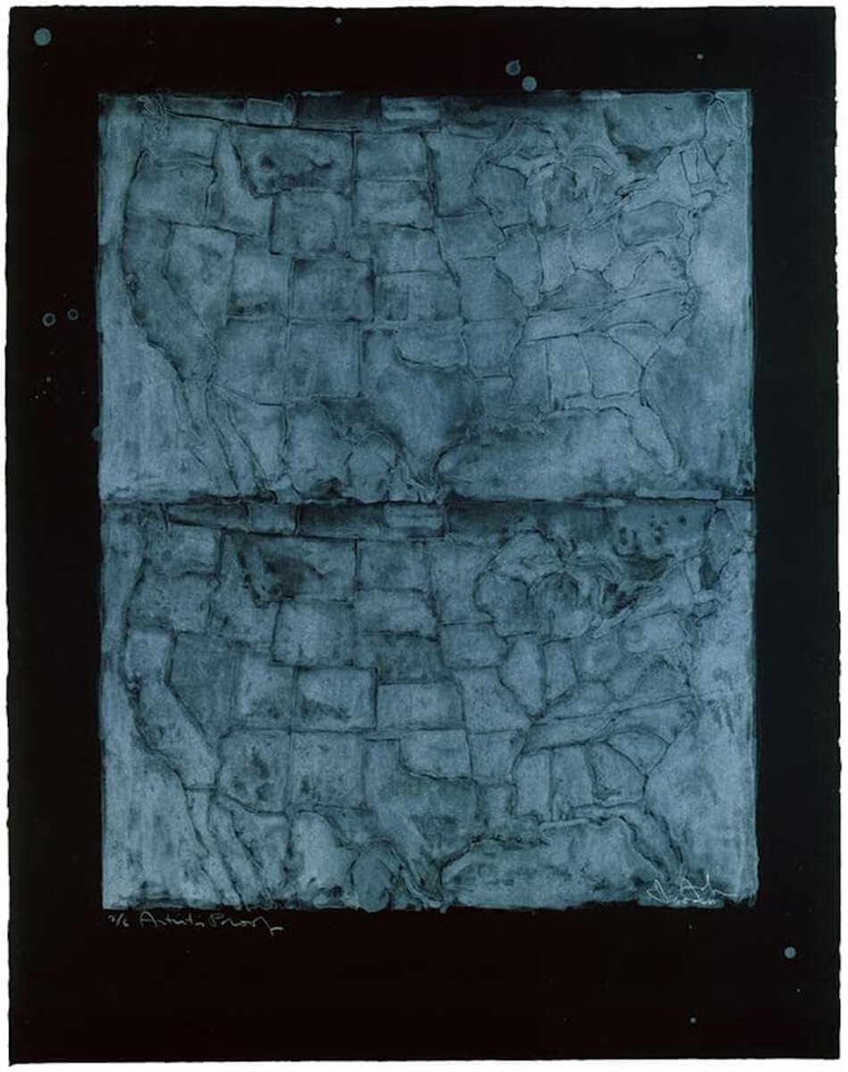 JASPER JOHNS TWO MAPS I (ULAE 23), 1966 Lithograph in 1 color on Fabriano black paper 33 x 26 1/2 inches