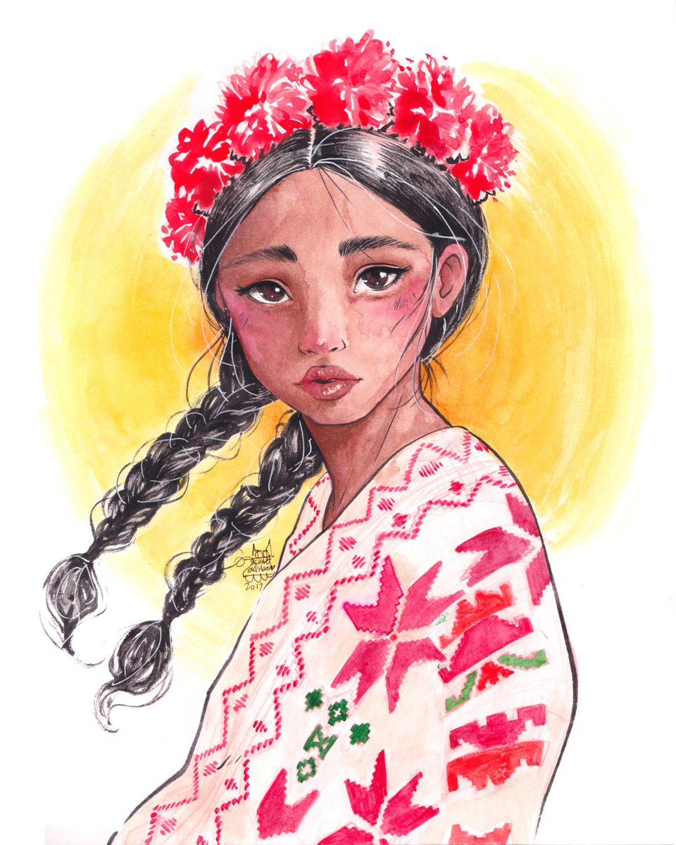 ScarletAdrianne's tweet photo. Así quedó mi Otomí :) me gustó mucho dibujarla. El reboso fue lo más dificil de todo, pero lo volvería a hacer! #illustration #nativemexican https://t.co/oMLorQ4AtZ
