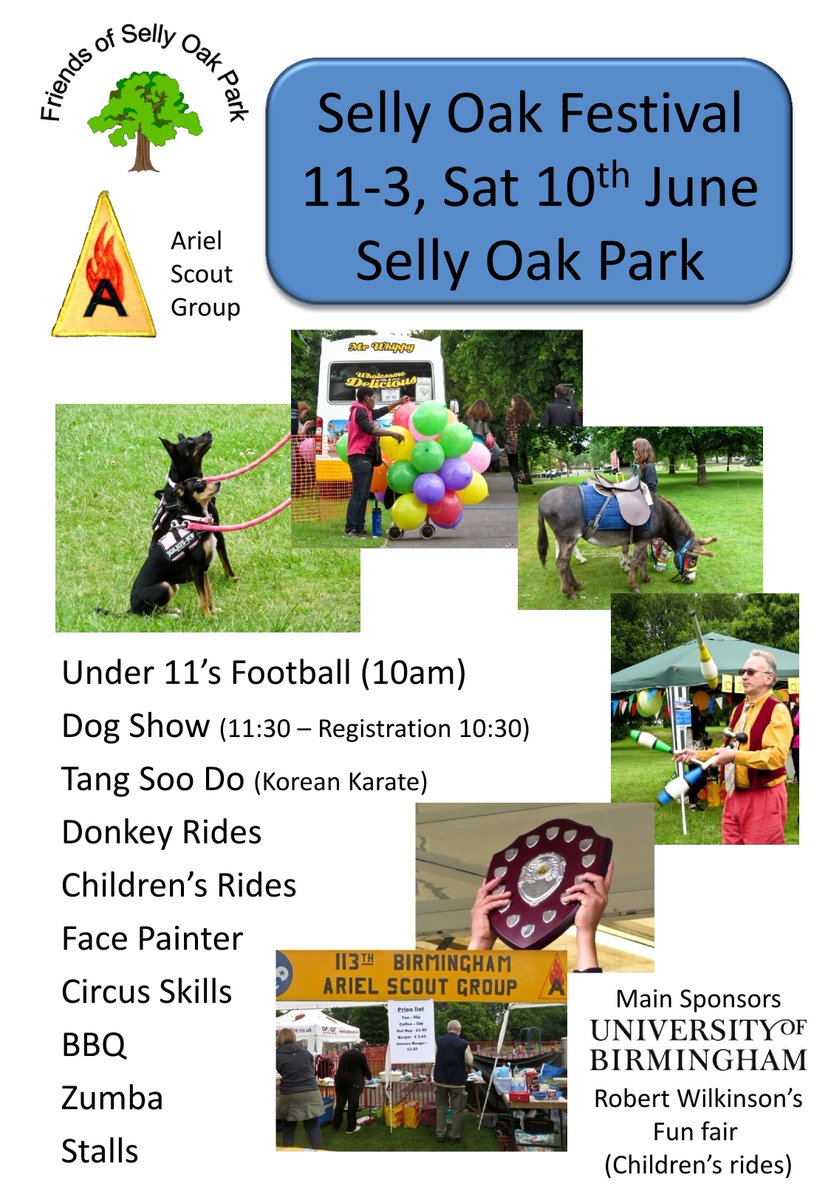 Selly Oak Park Festival June 10th. Please pop along and support it. Great day out for the family.