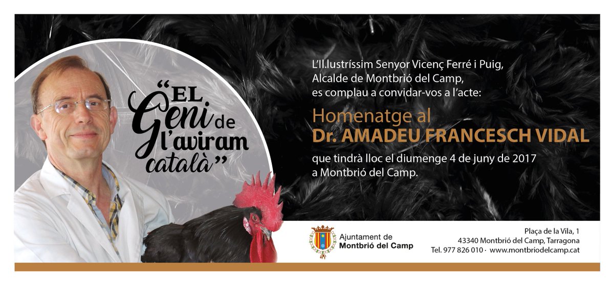 AjMontbrio's tweet photo. El dia 4 de juny #MontbrióDelCamp retrà homenatge al Dr. Amadeu Francesch Vidal, "El geni de l'aviram català" https://t.co/e36RaYrWK8 https://t.co/bI3xOWKrmC