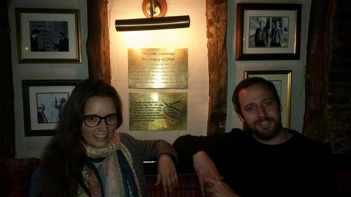 COMRECFellows's tweet photo. #COMREC ESRs Jason &amp; Vanessa celebrating the end of the annual meeting at #TheEagle pub in #Cambridge last week, where #Watson &amp; #Crick sat. https://t.co/EEIZyMYztQ