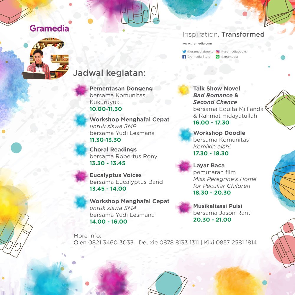 gramedia's tweet photo. Untuk merayakan Hari Buku Nasional, besok akan ada talkshow spesial di Gramedia Central Park. Cek jadwalnya ya Grameds! #1BukuHarapanBaru https://t.co/s4cNfx7zch