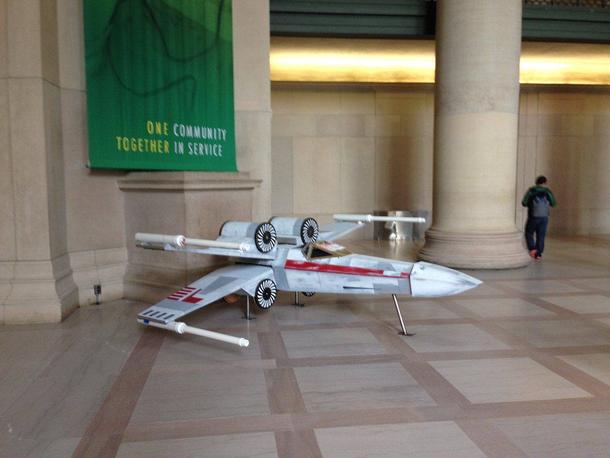 DrDawnMIT's tweet photo. Just a normal day @MIT - an x-wing in Lobby 7! 🤣👍 😜🤓#onlyatmit  #mit #mitmeche https://t.co/yaOElOgSUp