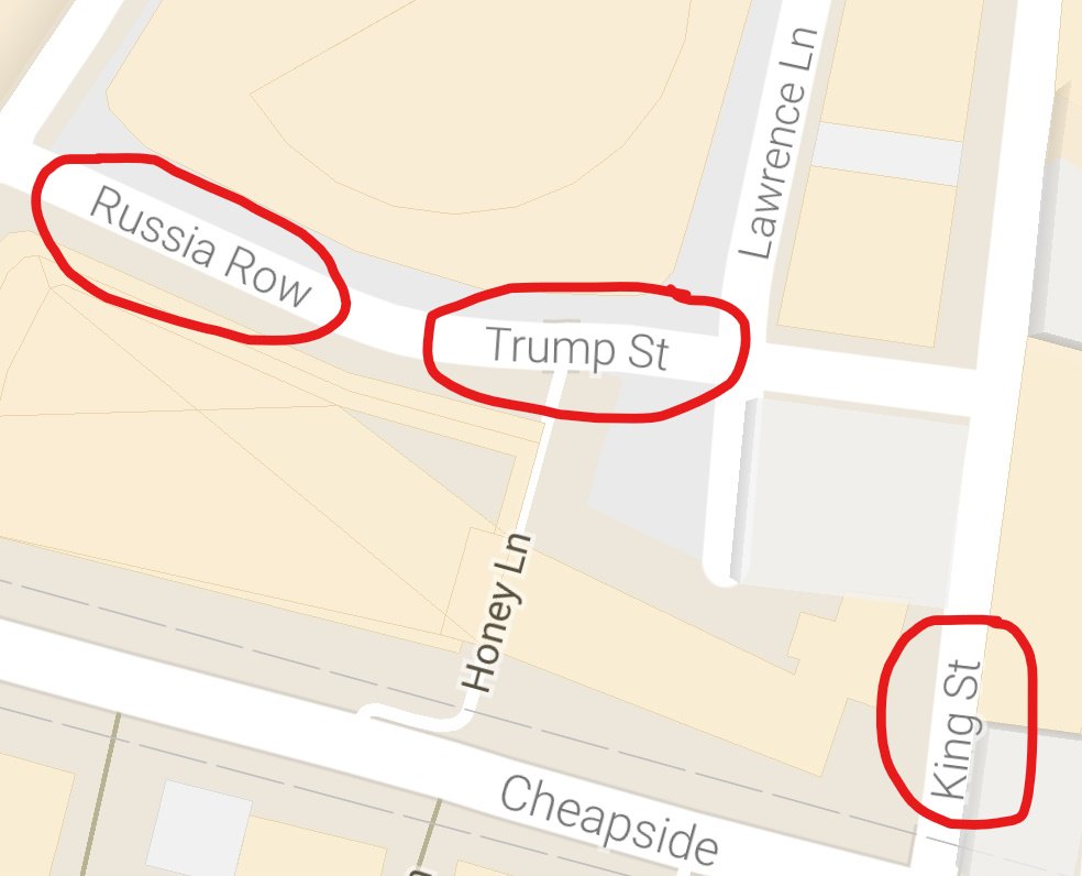 chrishanan's tweet photo. Prophetic!
Map of London:Russia Row leading into Trump Street via Honey Ln ending at King St.
 https://t.co/cfI9rvCfm9
 #Trumprussia https://t.co/okspIe7BnQ