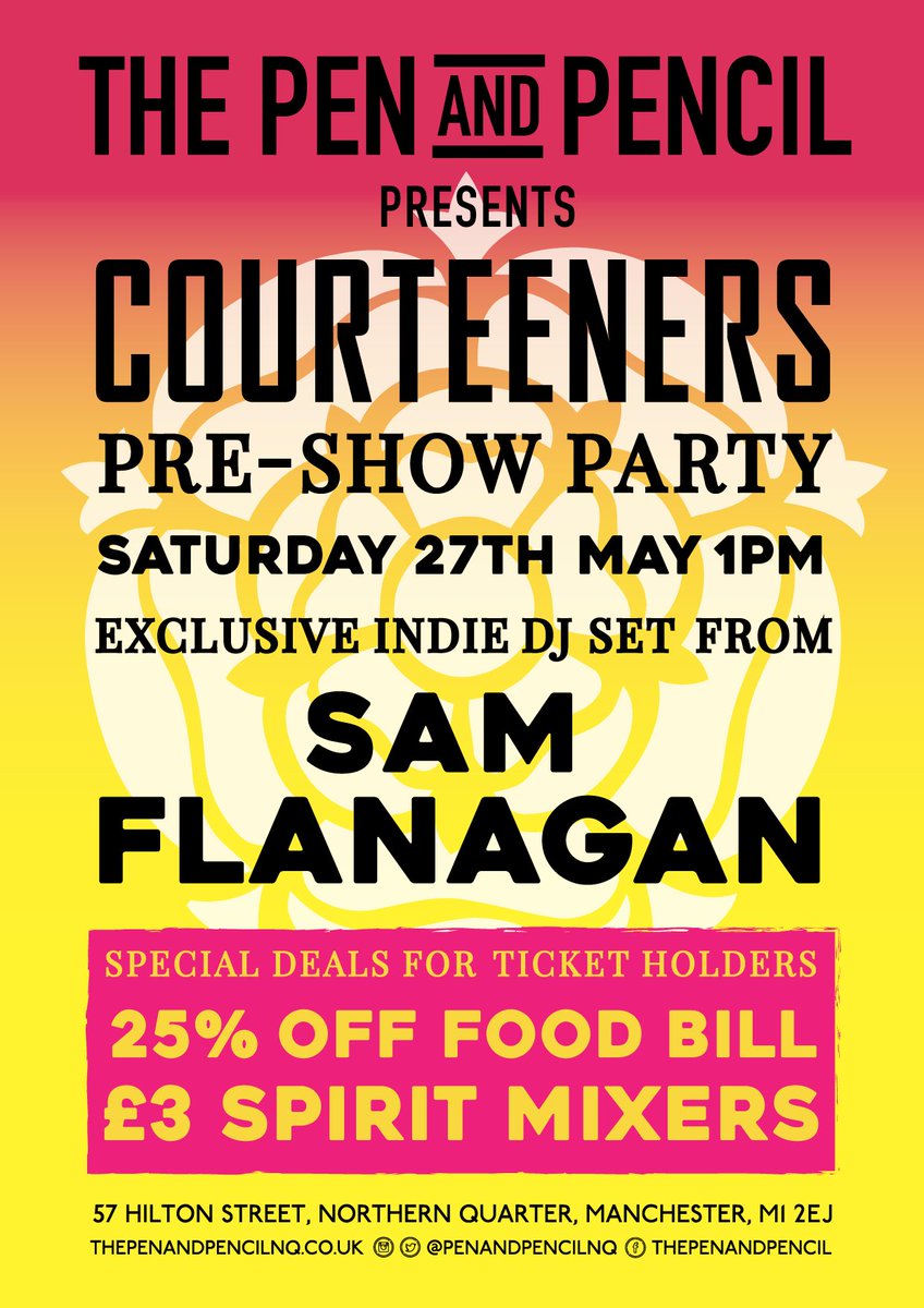 If you're going the watch <a href="/thecourteeners/">Courteeners</a> at <a href="/EmiratesOT/">Emirates Old Trafford</a>, make sure you get to our pre-show party! <a href="/DJSamFlanagan/">Sam Flanagan</a>
