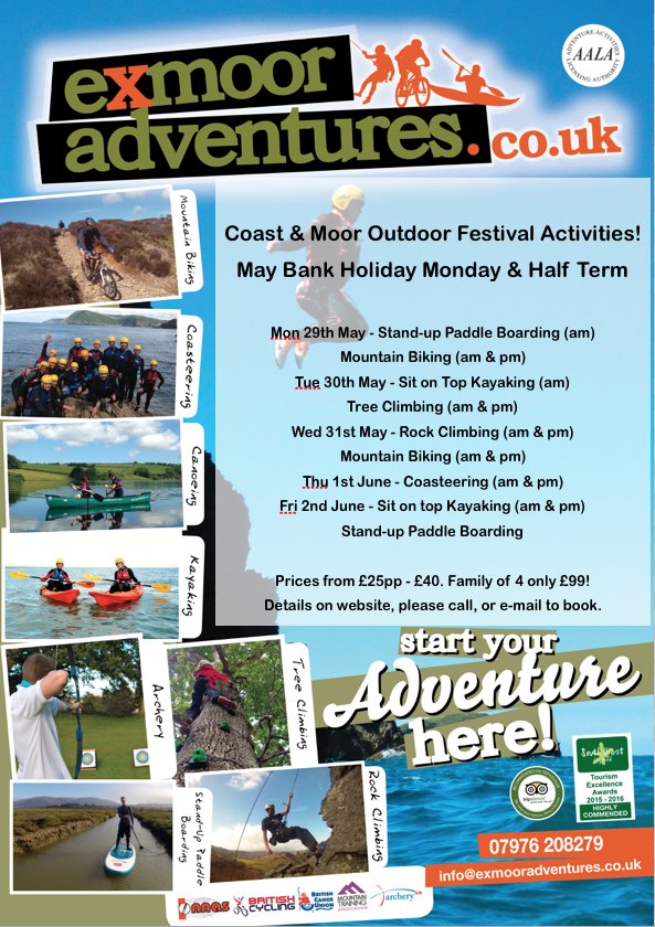 ExmoorAdventure's tweet photo. We've got lots of offer this coming Bank Holiday &amp; Half Term! @Fatyakkayak @somersetguide_ @VisitDevon @DiscoverPorlock @LPavilion #exmoor https://t.co/5i1IR8N1X6