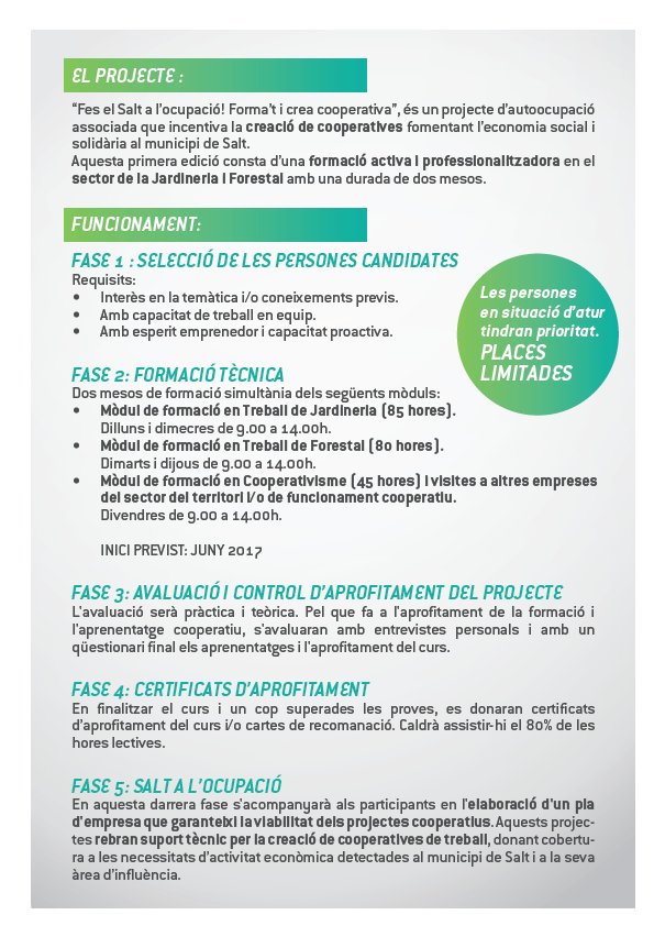 SaltOcupacio's tweet photo. Més informació del Projecte Singulars: Fes el Salt a l'ocupació! Forma't i crea #cooperativa en el sector #jardineria i forestal @EMOdeSalt https://t.co/9BxSeV4PF1