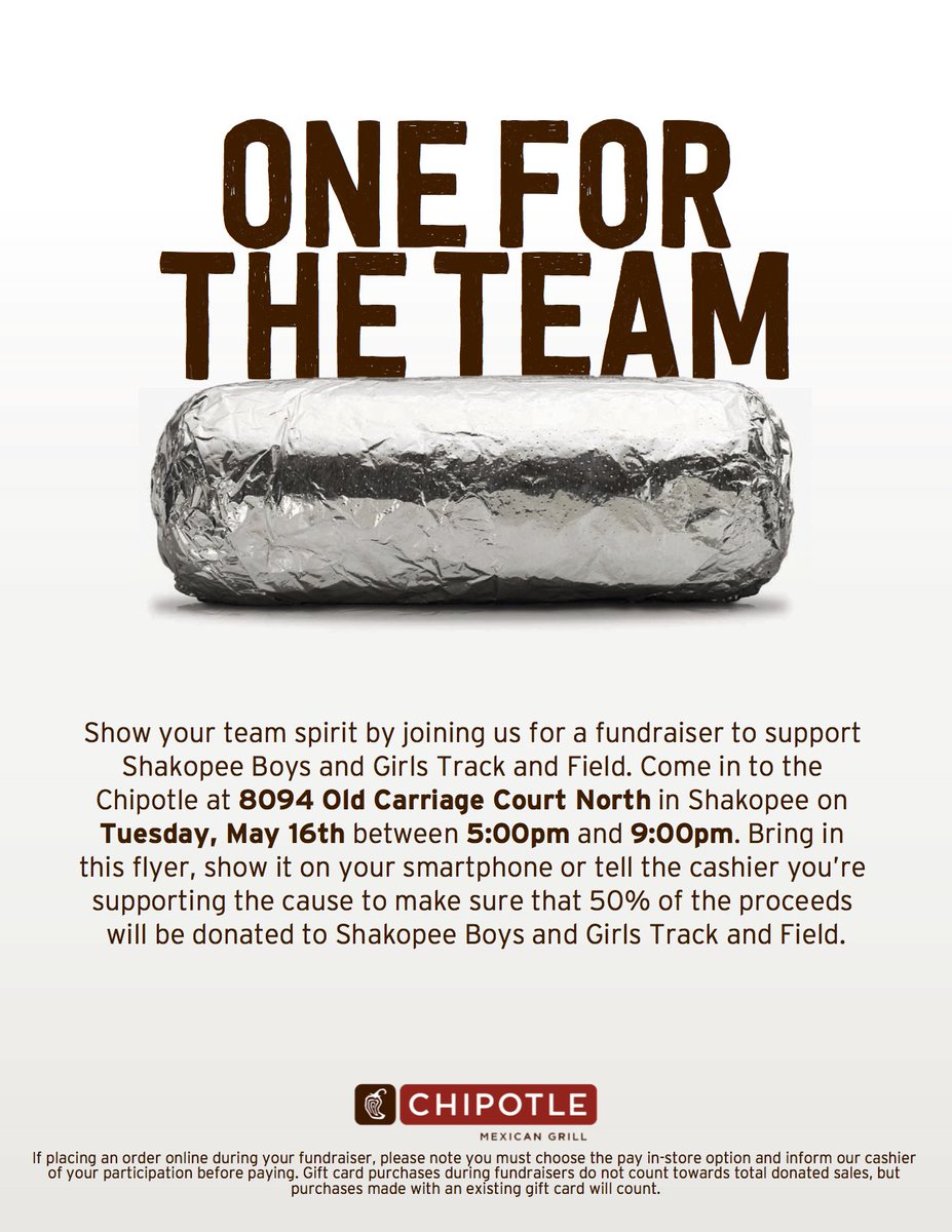 ShakopeeTF's tweet photo. Support the our team tonight by coming to Chipotle in Shakopee between 5-9 and telling the cashier that you are here for the track team! https://t.co/EmVQllFMAh
