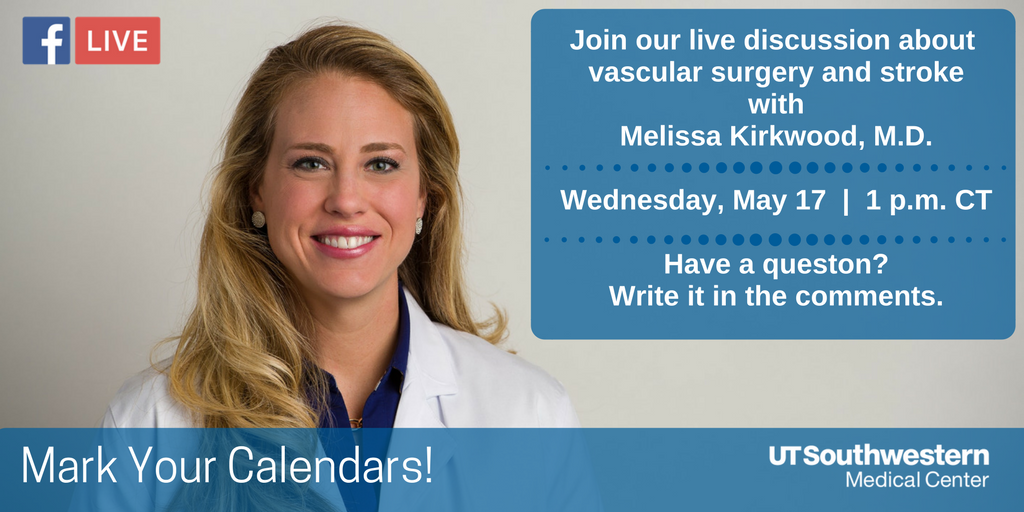UTSWMedCenter's tweet photo. Get your Q's ready for #FBLive chat on #stroke w/ vascular surgeon Melissa Kirkwood. 1 pm Wed. https://t.co/rWmjixyL26 #StrokeMonth https://t.co/RqaatIyjik