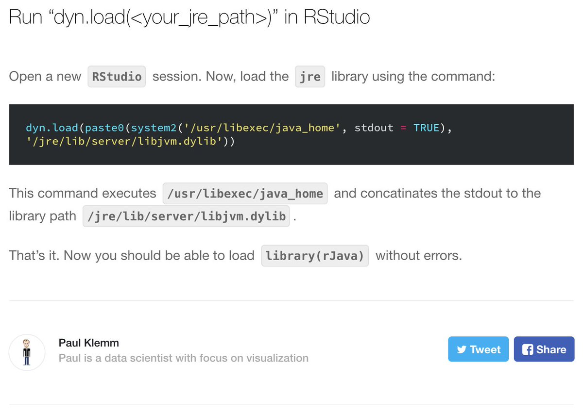 dataandme's tweet photo. Finally! A fix that worked! “Load rJava in RStudio using macOS 10.12” by @paul_klemm https://t.co/IlbdC4ZS75 #rstats #rJava https://t.co/1kv0jp5qG5