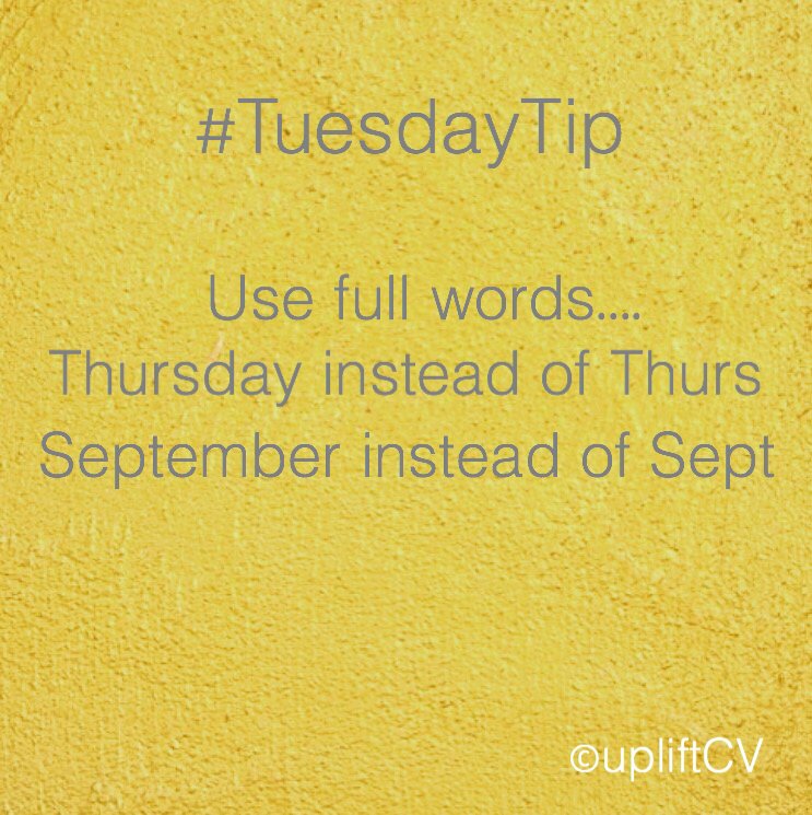 upliftcv's tweet photo. #TuesdayTip Using abbreviations on your CV is not a good look.
#cvhelp #upliftCV #cv #CVtips #jobhunt https://t.co/Gncs9TPRGj