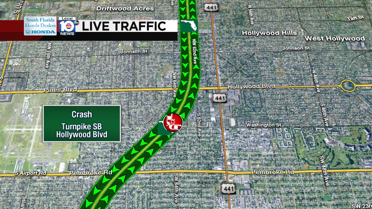 Crash on Turnpike SB after Hollywood Blvd #traffic https://t.co/j7HA0LMZmP