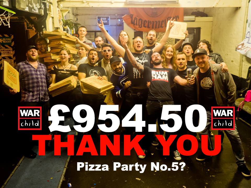 Pizza Party No. 4 raised £954.50 for <a href="/WarChildUK/">War Child UK</a>! Big thanks to <a href="/AndNowWereEven/">And Now We're Even</a>. Amazing sets from <a href="/TheLagan/">The Lagan</a>, <a href="/TheWonderBeers/">The Wonder Beers</a> &amp; Cheats!