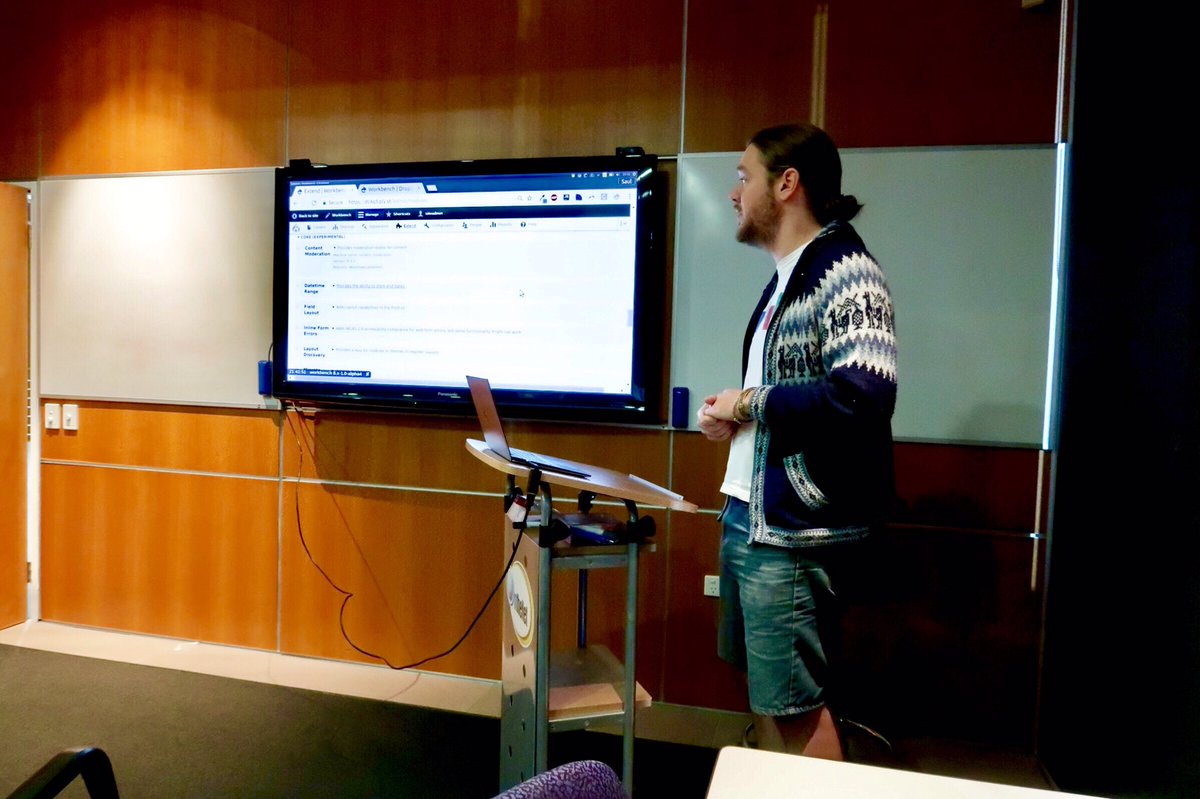 drupalgoldcoast's tweet image. Saul Willers giving a talk on the @Drupal contributed and possibly soon to be core workbench/content moderation module. #drupal