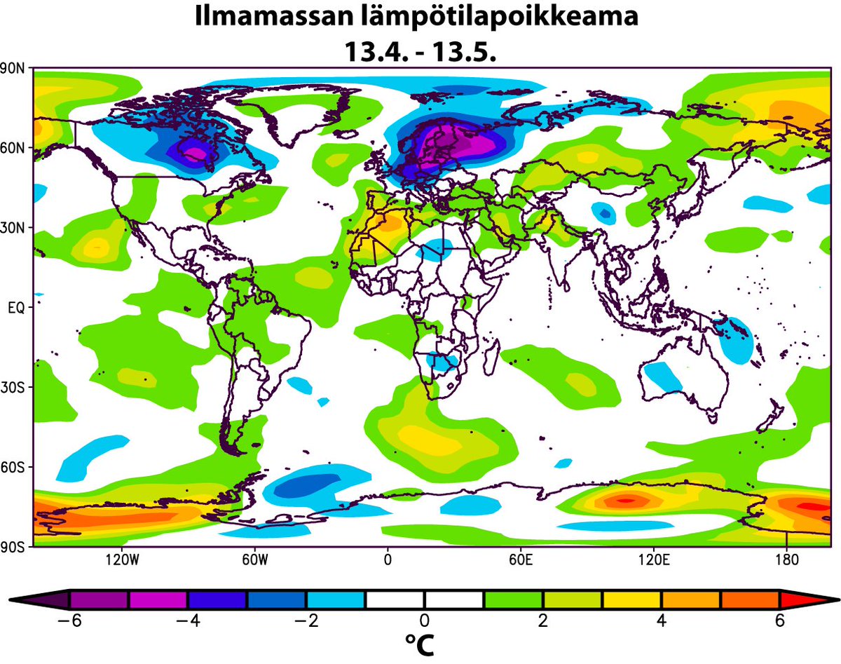 meteorologit's tweet photo. Suomi on ollut maapallon kylmyyspisteessä viime viikkoina, jos verrataan lämpötilapoikkeamia. Lue lisää: https://t.co/sgGlDmpkx6 #kevät #sää https://t.co/x6rBUykXyG
