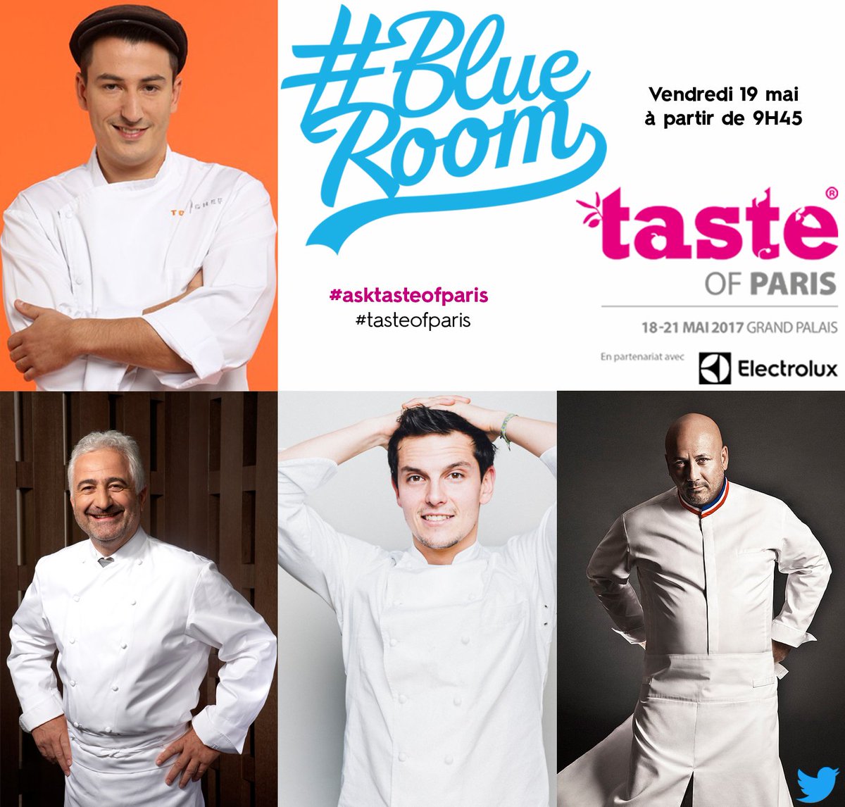 Vendredi matin dès 9H45, <a href="/guysavoy/">Guy Savoy</a> <a href="/JeremIzarn/">Jeremie Izarn</a> <a href="/FredericAnton/">Frédéric ANTON</a> et <a href="/juanarbelaezoff/">Juan arbelaez</a> seront dans la Blueroom @TwitterFrance  ! #asktasteofparis