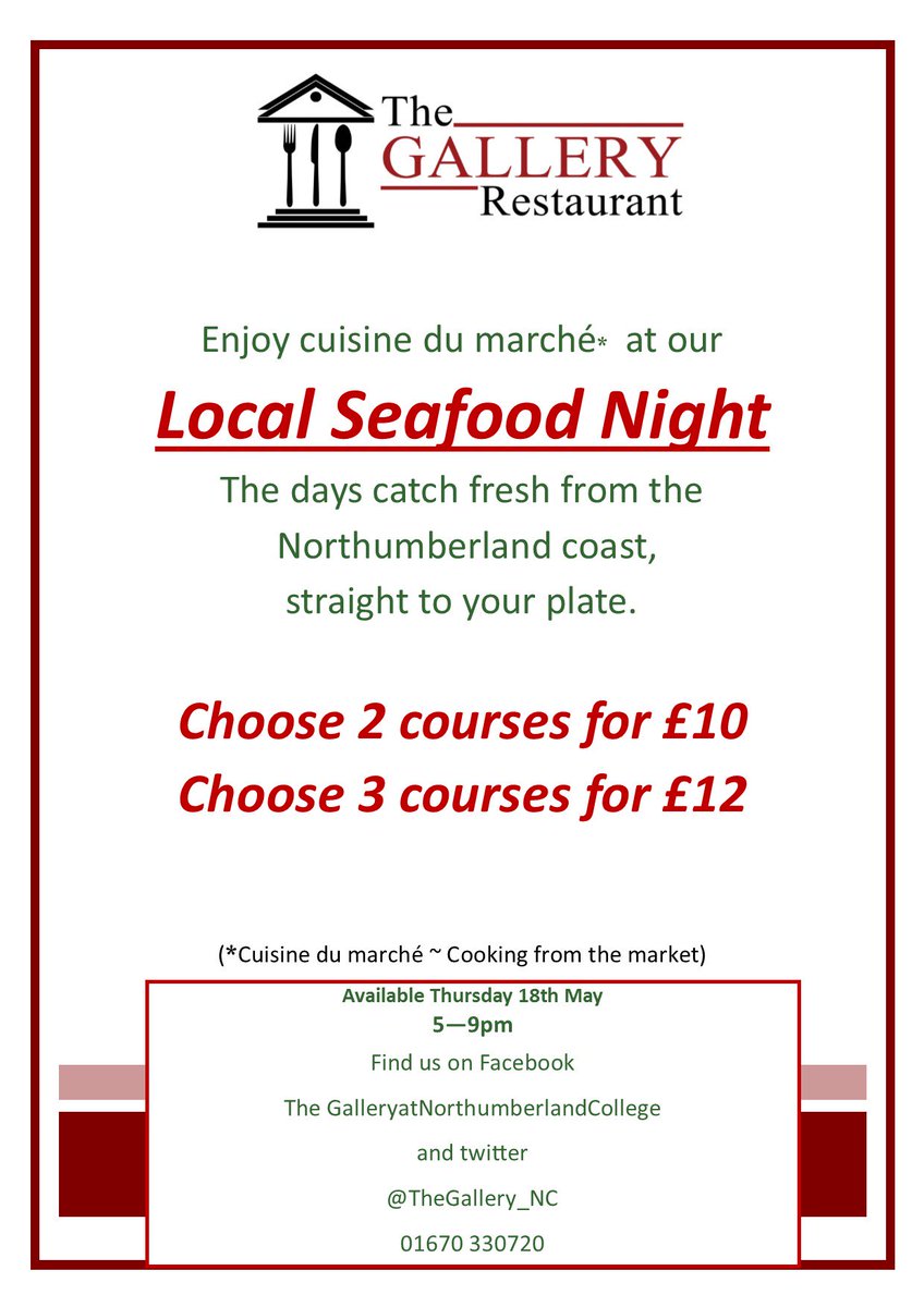 This week. Call 01670 330720 to book. 
 <a href="/NorthlandColl/">Northumberland College</a> <a href="/AshingtonTown/">Ashington Town Team</a> <a href="/AshingtonNE/">Ashington-NE</a> <a href="/NlandEats/">Northumberland EATS</a> #freshfood #futuretalent