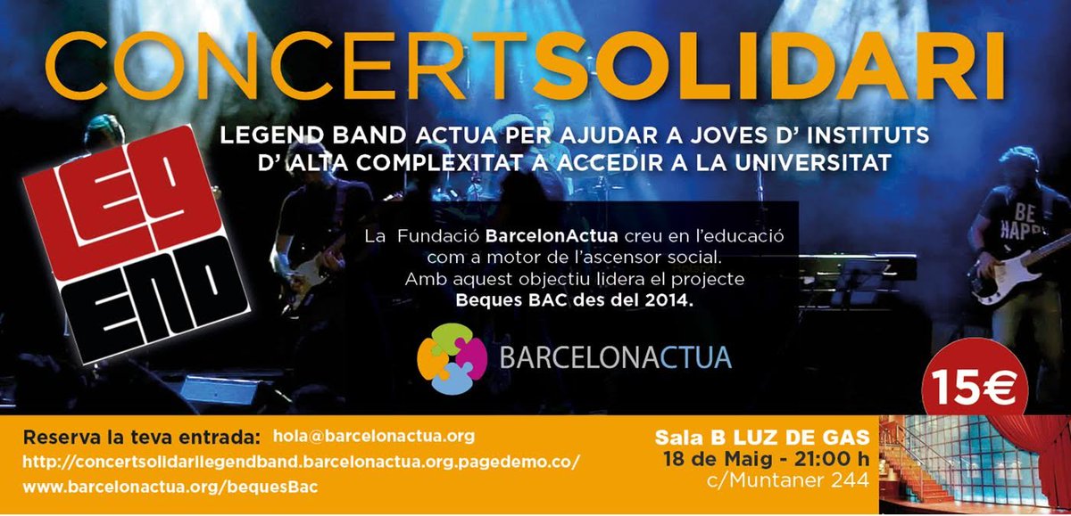 LuzdeGasClub's tweet photo. Concert solidari amb @barcelonactua i #LegendBand 👏👏
Aquesta nit a @SalaB_244 a partir de les 21h https://t.co/NtiuhhPbuR