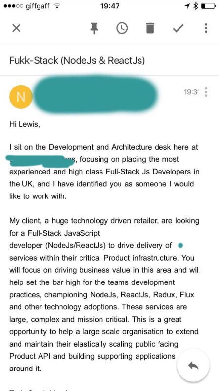 barclaytweets's tweet photo. Fukk-Stack. Are you a Fukk-stack developer?
#Recuriter email #fail
#NodeJS #reactjs #programming https://t.co/mOO3drHRwk