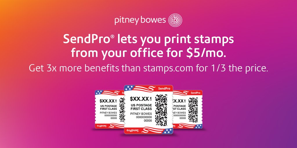 PitneyBowes's tweet photo. Sign up for SendPro for $5/mo to get 3x the benefits than stamps com for 1/3 the price. https://t.co/r1tU0qFtSG #SendPro5 https://t.co/5dxEXyLMVo