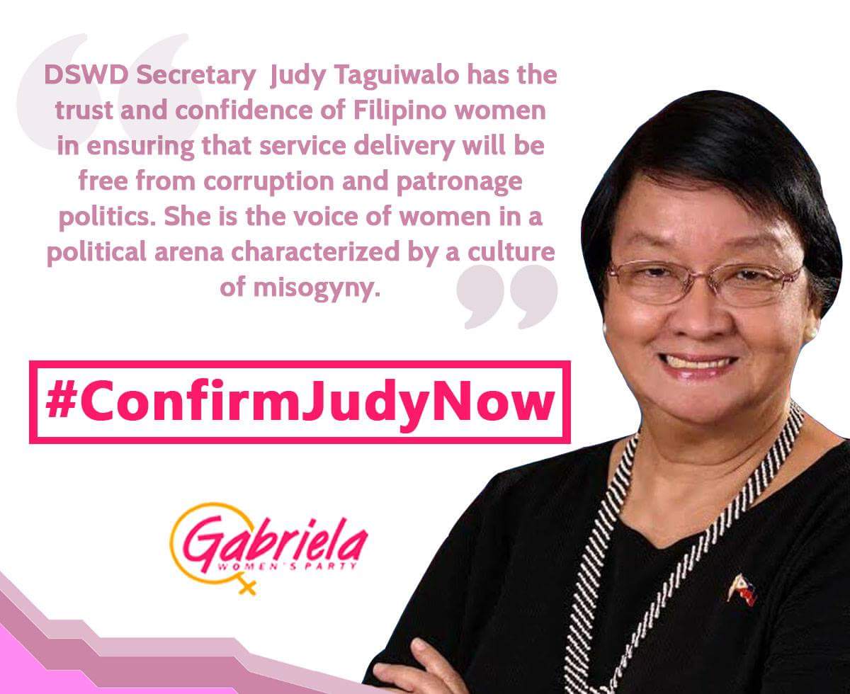 Lila_Pilipina's tweet photo. Attention Commission on Appointment #ConfirmJudy Taguiwalo as Secretary of DSWD now! https://t.co/JLZQZeOioN
