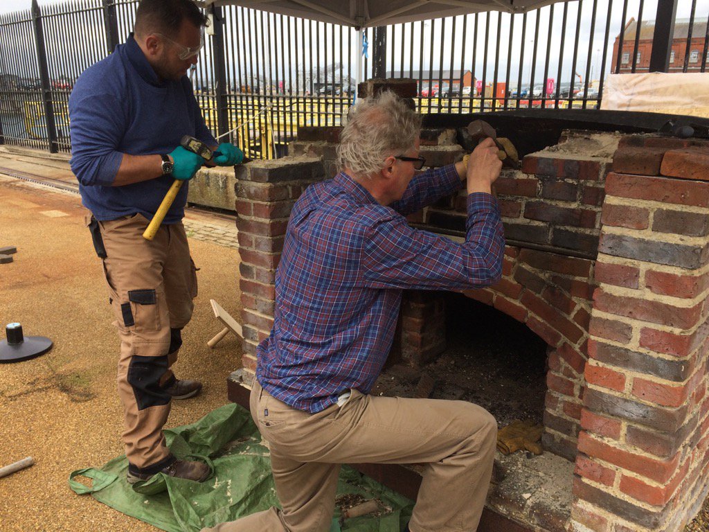 Repairing the galley brickwork @maryrosemuseum with Alex Goble prior to firing up the ovens for #MaryRoseLIVE!