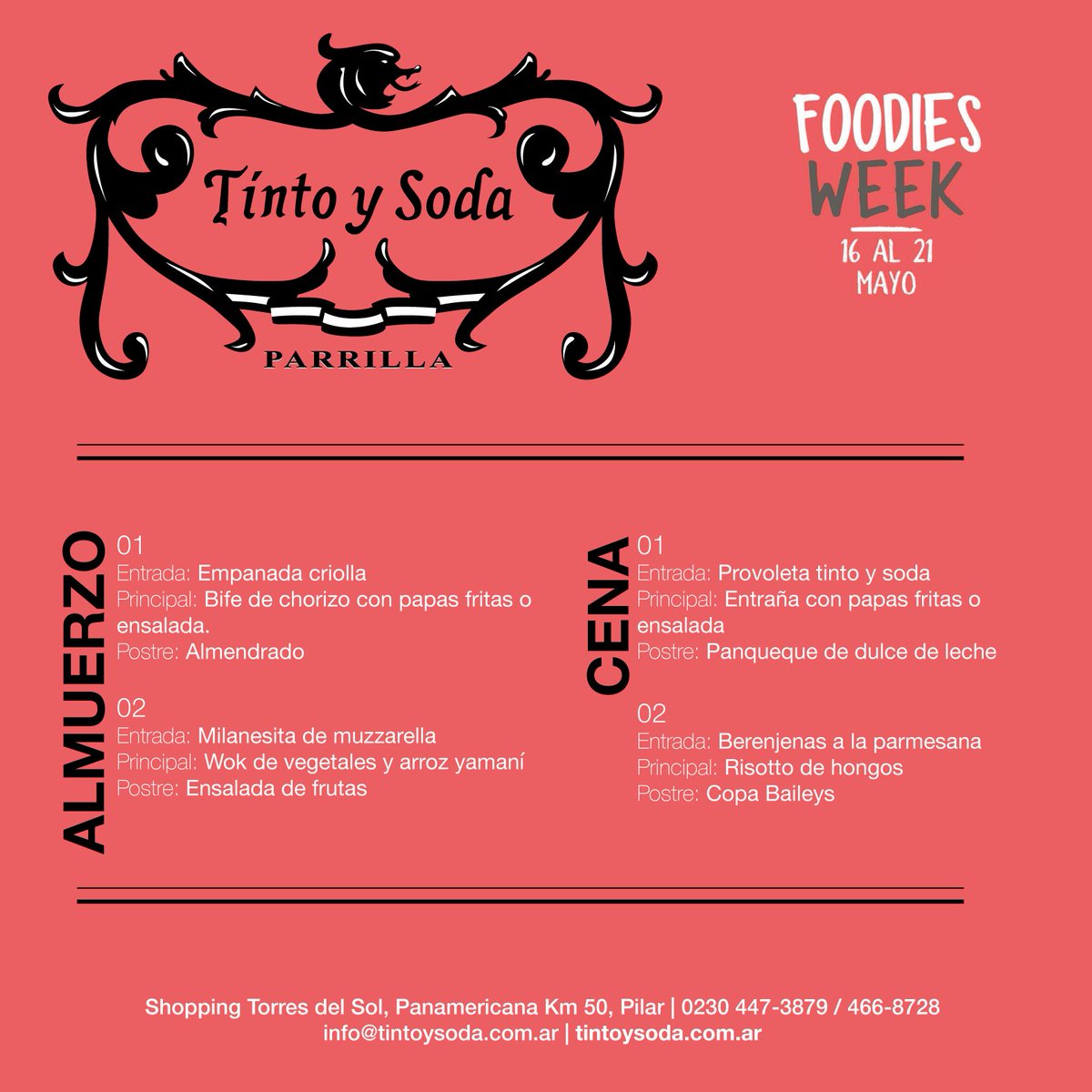 Vivi el Foodies Week en Tinto y Soda!!! Almuerzo $200 de martes a viernes. Sábado y Domingo: bebidas no incluídas./ Cena $350 #FoodiesWeek