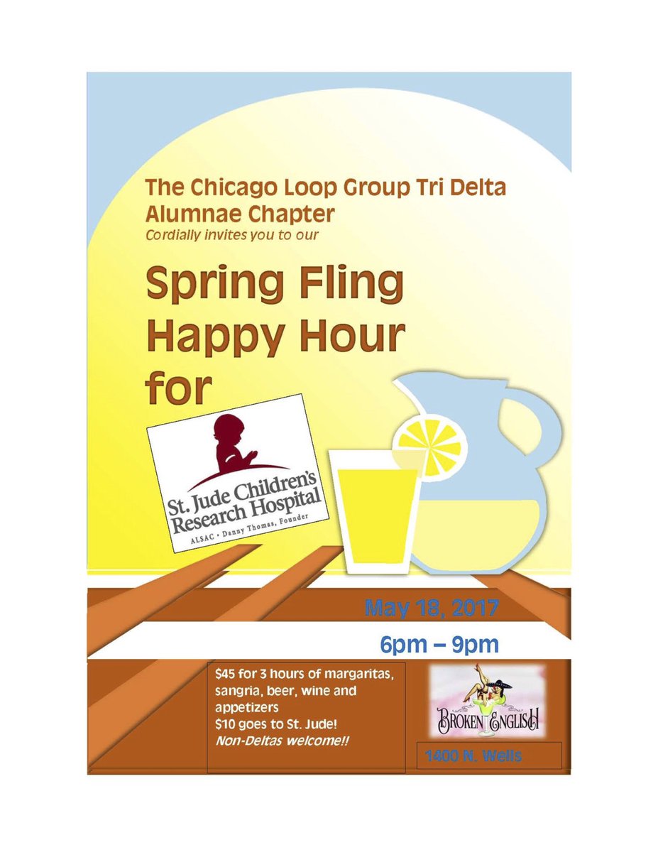 TriDeltaChicago's tweet image. Please join us on Thurs, May 18 for SPRING FLING HAPPY HOUR for @StJude at Broken English - 1400 N Wells. 6-9pm -Everyone welcome CU there!