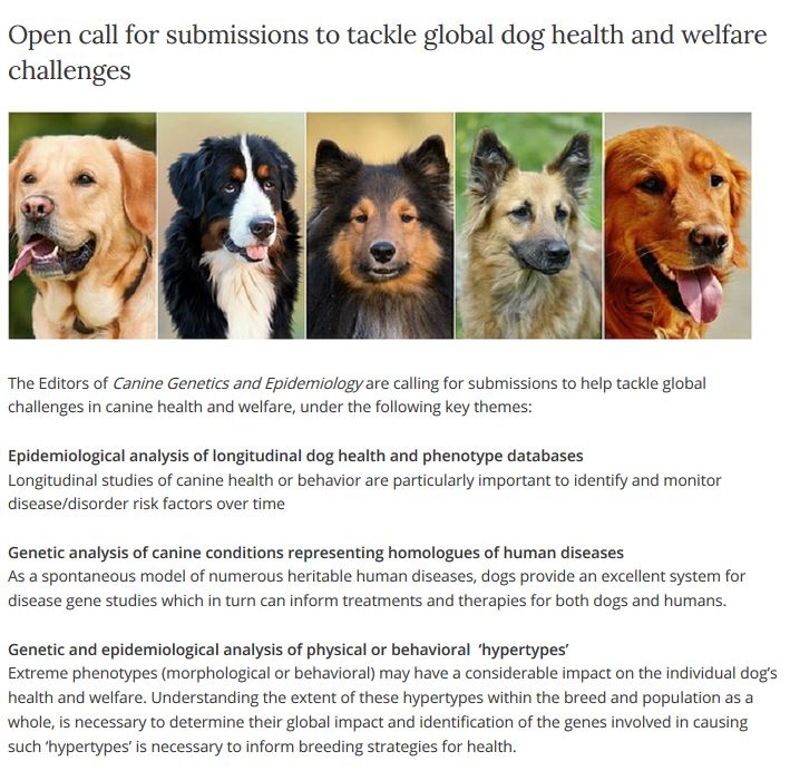 Call for submissions for #canine #dog #welfare #behavior #genetics #epidemiology #veterinary #disease #AnimalWelfare cgejournal.biomedcentral.com