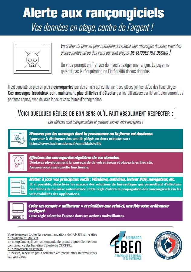 ANSSI_FR's tweet image. #MardiConseil Les recommandations de l&apos;ANSSI pour se prémunir des #Rancongiciels comme #WannaCrypt #Ransomware
ssi.gouv.fr/actualite/aler…