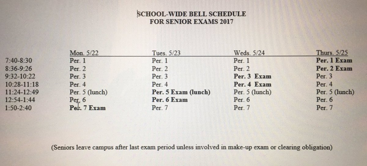 Ty_Thompson71's tweet photo. @msdclassof17 Here is the exam schedule for next week. It's a slow release. Seniors are to be in class until last posted exam, daily. https://t.co/hXQB6pDrgA